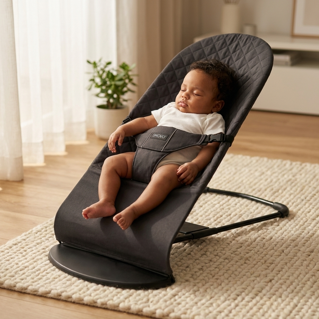 Schlafendes Baby in SMOVO Calm Babyschaukel – friedlich und geborgen, natürliches Morgenlicht