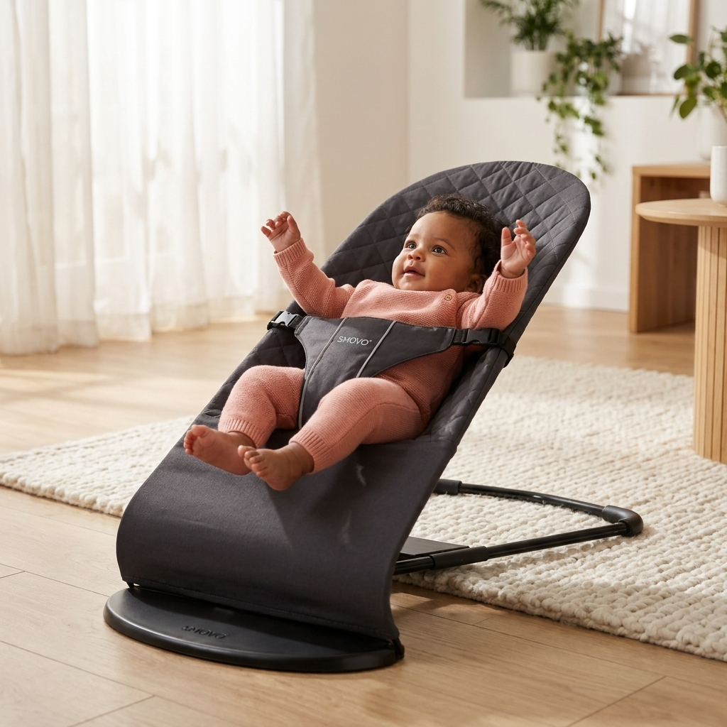 Baby liegt wach in SMOVO Babyschaukel Grau mit erhobenen Armen – Wohnzimmer