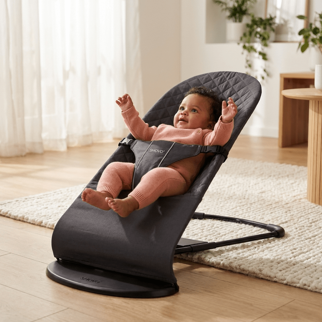 Baby liegt wach in SMOVO Babyschaukel Grau mit erhobenen Armen – Wohnzimmer