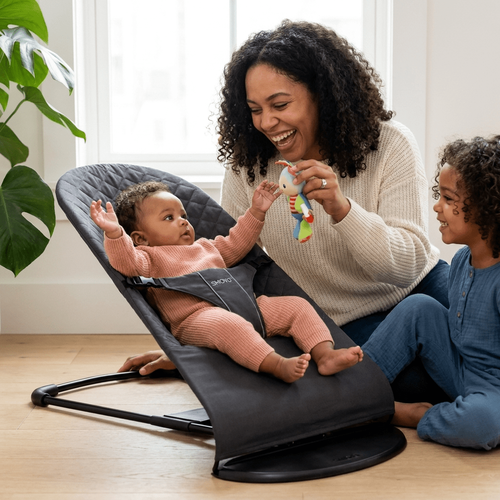 Mutter und Geschwisterkind spielen mit Baby in SMOVO Babyschaukel im Wohnzimmer