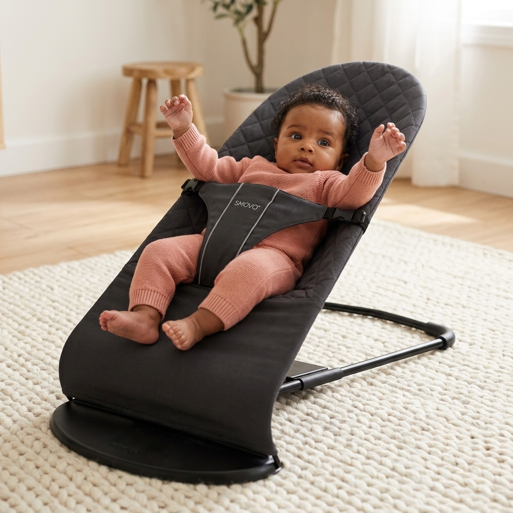 SMOVO Babyschaukel Grau von vorne – Baby mit erhobenen Armen, gesamte Produktform