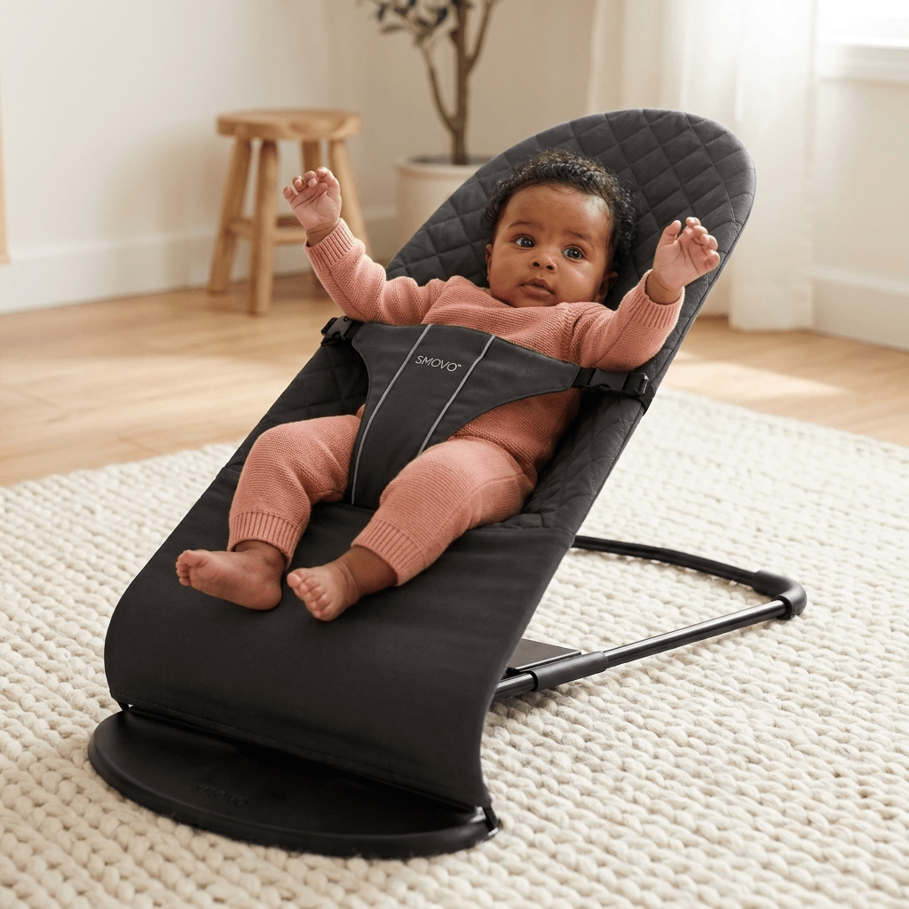 SMOVO Babyschaukel Grau von vorne – Baby mit erhobenen Armen, gesamte Produktform