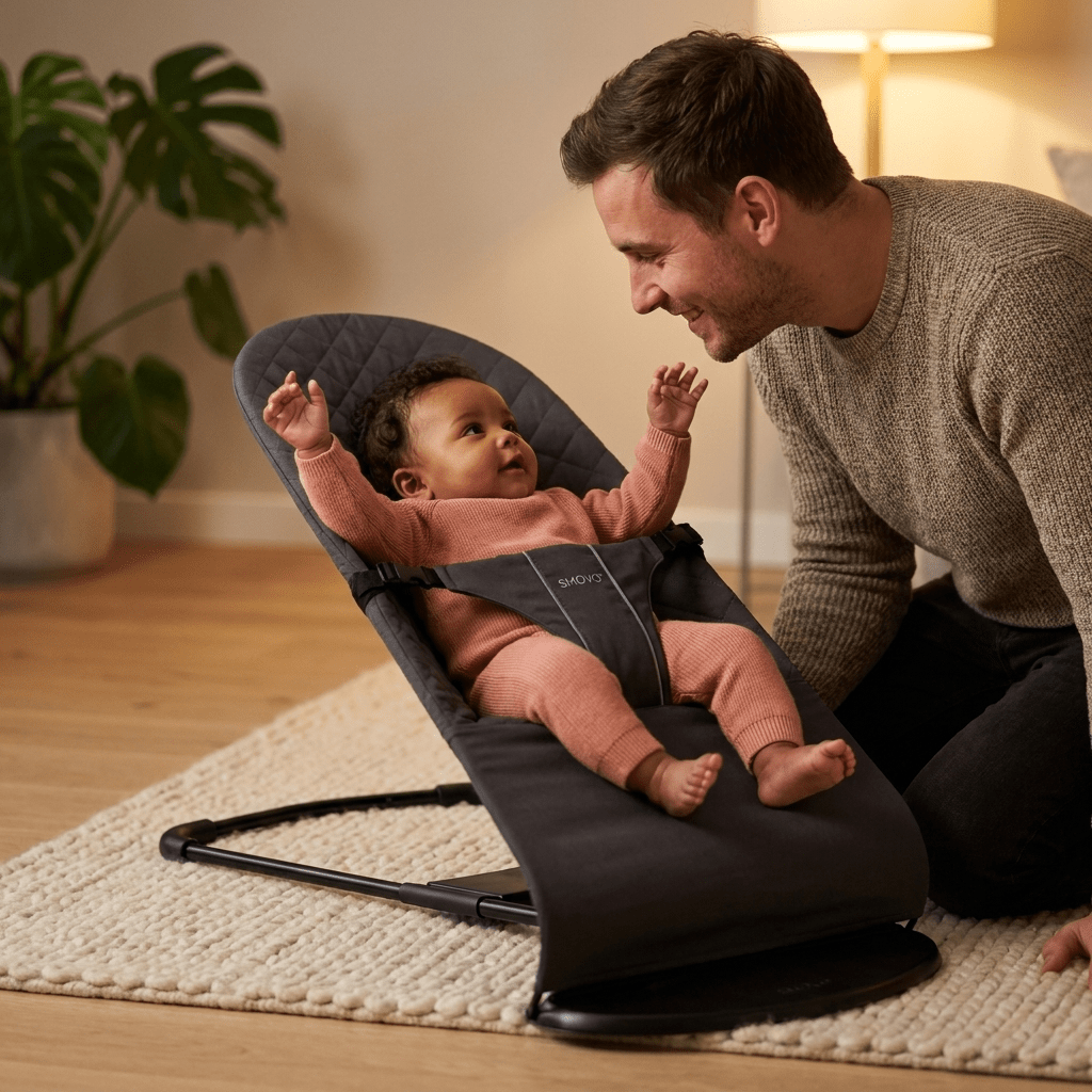 Vater wippt Baby in SMOVO Babyschaukel Grau – gemütliche Abendstimmung im Wohnzimmer