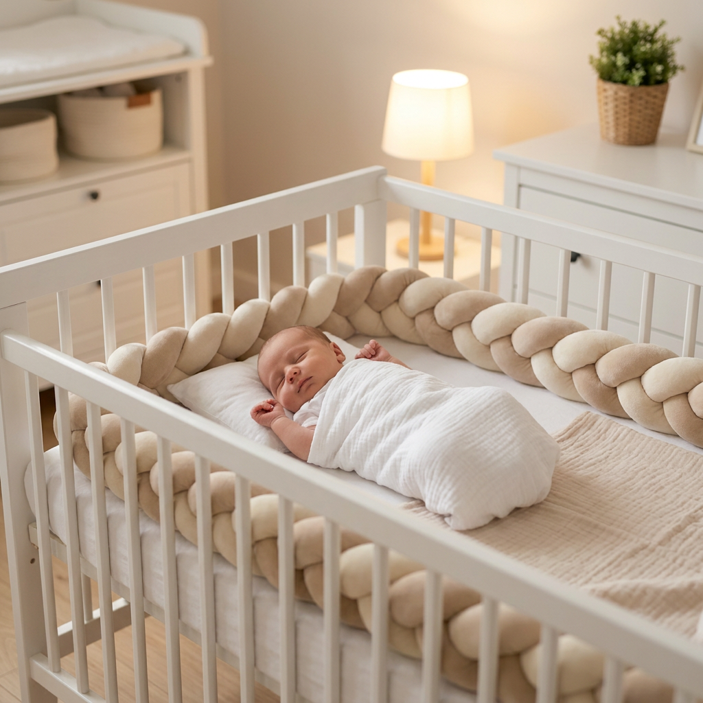Neugeborenes schläft friedlich im Babybett 
mit SMOVO Braid Bettumrandung in Beige/Weiß – 
weicher geflochtener Bumper schützt sanft