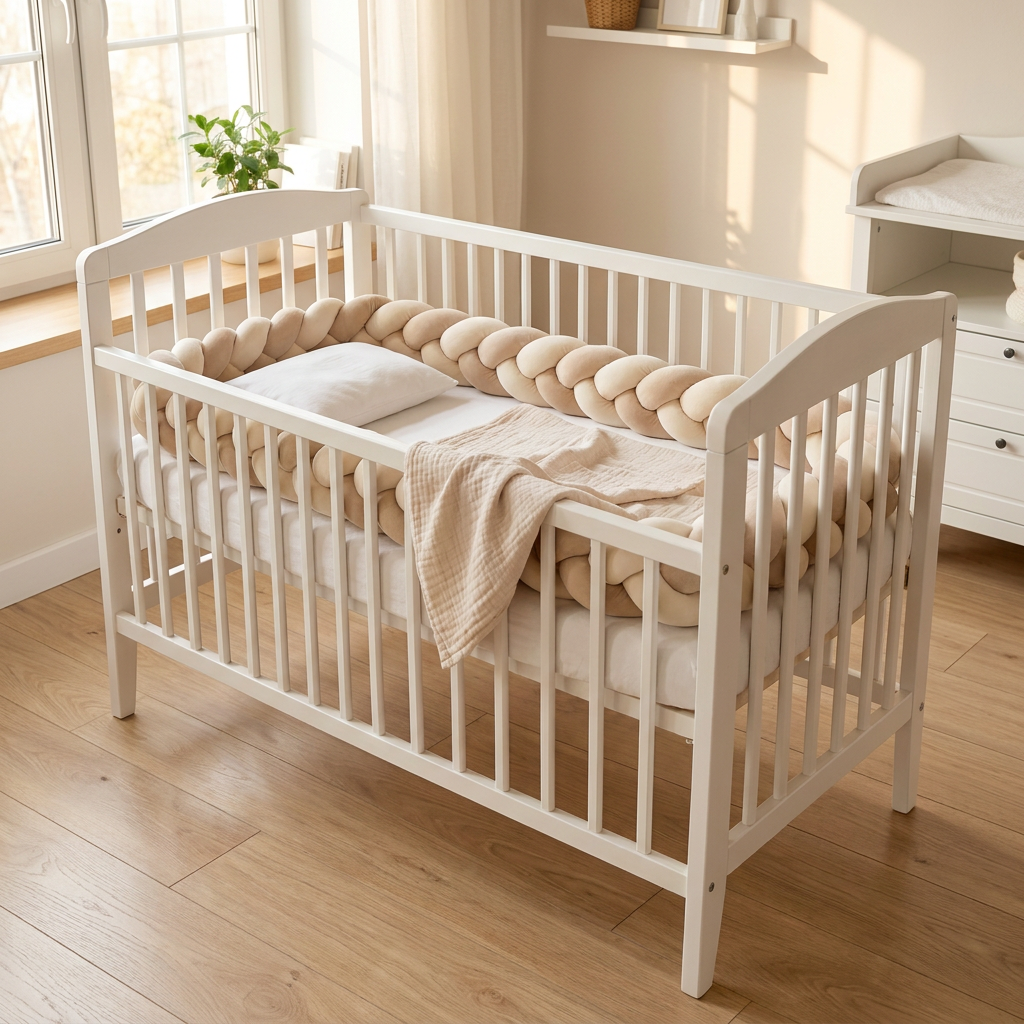 SMOVO Braid Bettumrandung in Beige/Weiß – 
geflochtener Nestchen Bumper im weißen Babybett, 
helles skandinavisches Kinderzimmer