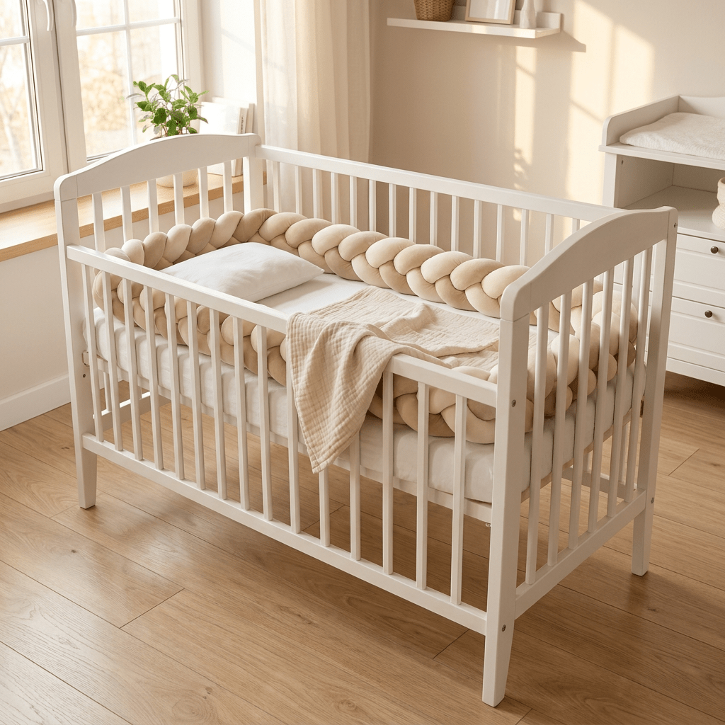 SMOVO Braid Bettumrandung in Beige/Weiß – 
geflochtener Nestchen Bumper im weißen Babybett, 
helles skandinavisches Kinderzimmer