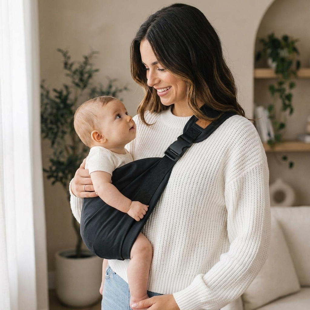 Mutter schaut liebevoll auf Baby im schwarzen SMOVO 
Carry Sling – enge Bindung und Nähe beim Tragen