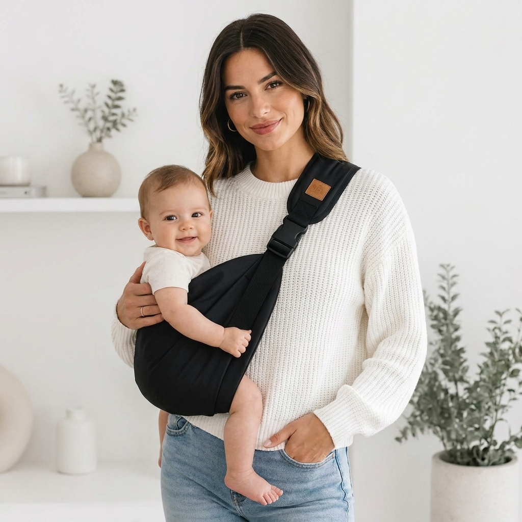 SMOVO Carry Baby Tragetuch – junge Mutter mit Baby 
im schwarzen Sling Träger, helles minimalistisches Zimmer