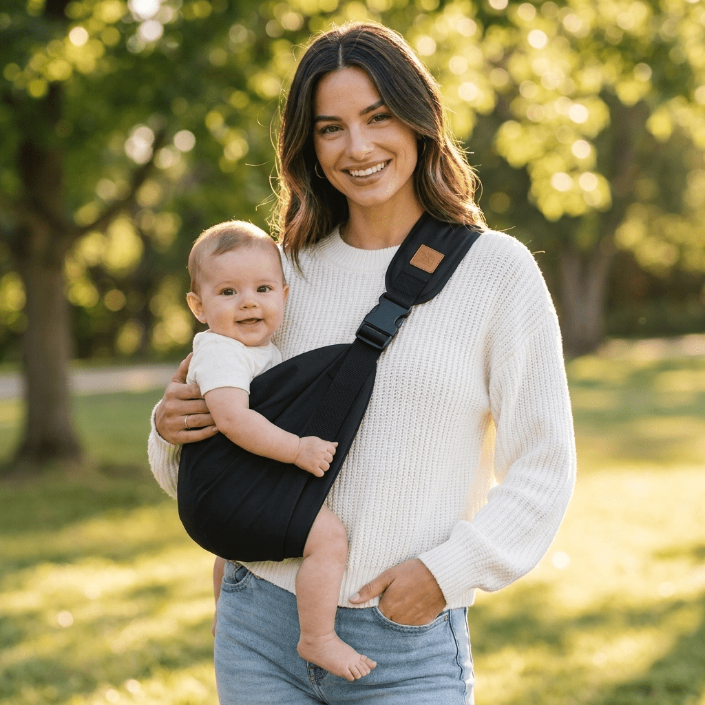Stilvolle Mutter mit Sonnenbrille und Baby im 
schwarzen SMOVO Carry Tragetuch beim Spaziergang im Park