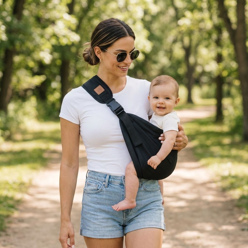 Stilvolle Mutter mit Sonnenbrille und Baby im 
schwarzen SMOVO Carry Tragetuch beim Spaziergang im Park