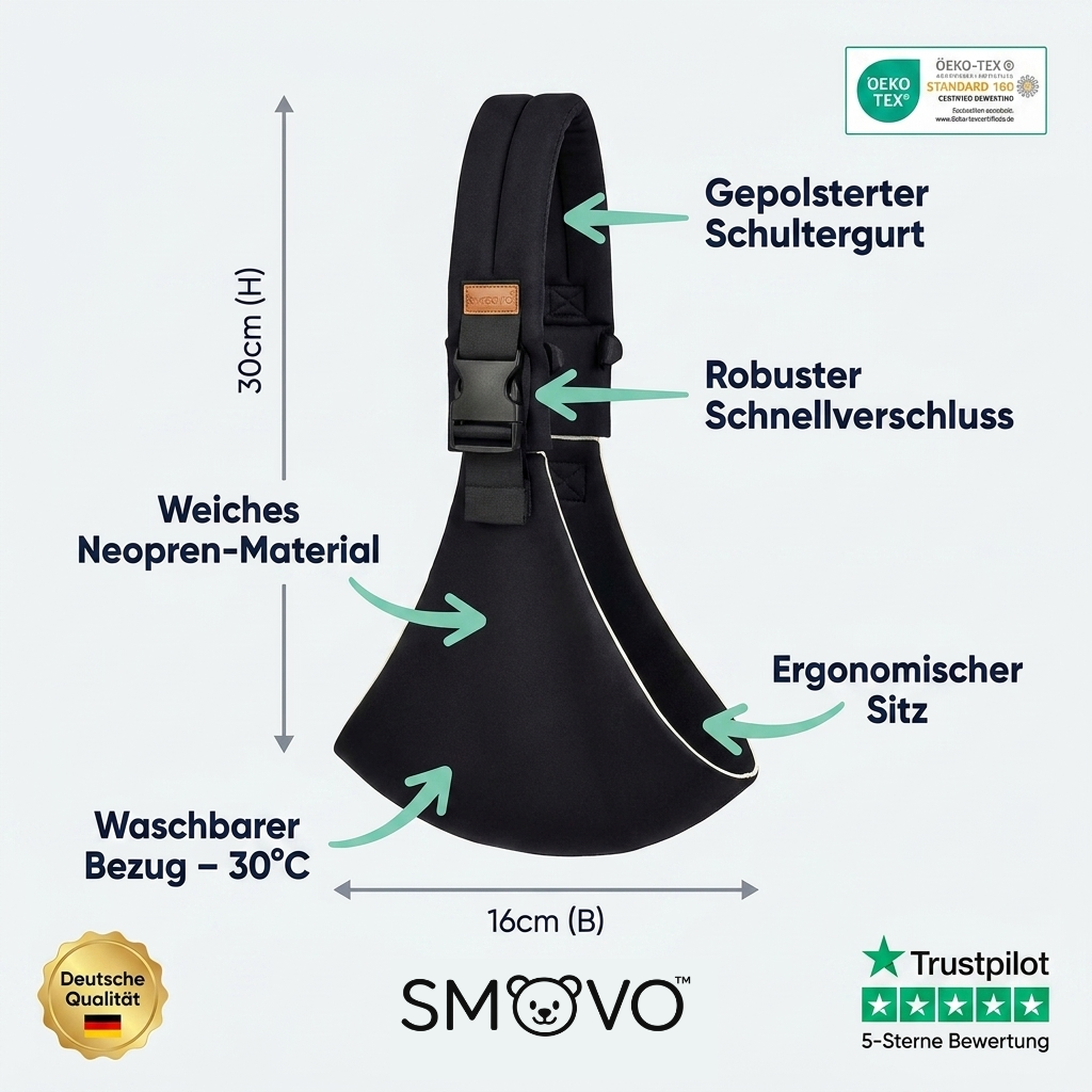 SMOVO Carry Tragetuch Infografik – Maße 30x16cm, 
Features, Trust Badges und Produktdaten auf einen Blick
