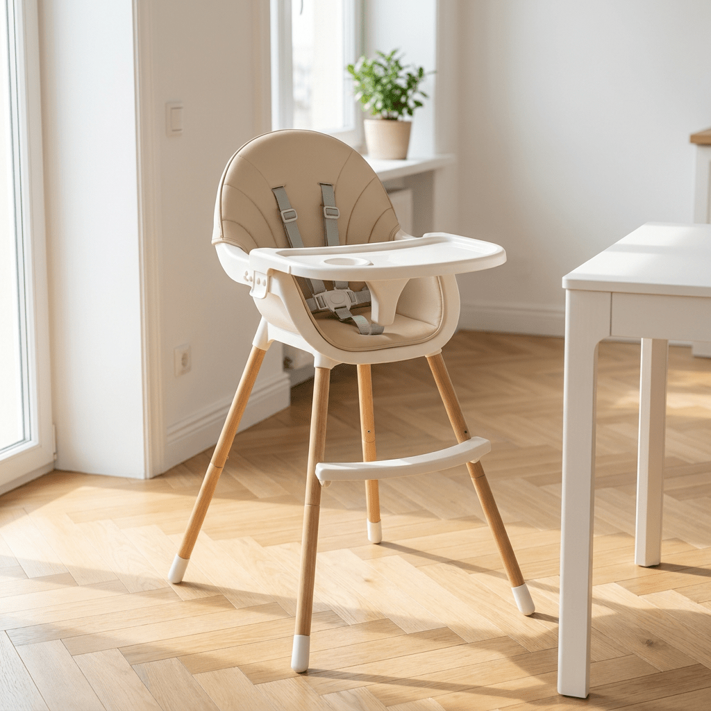 SMOVO Chair Kinderhochstuhl in hellem skandinavischen 
Esszimmer – weißer Sitz, beiges Kissen, natürliche Holzbeine