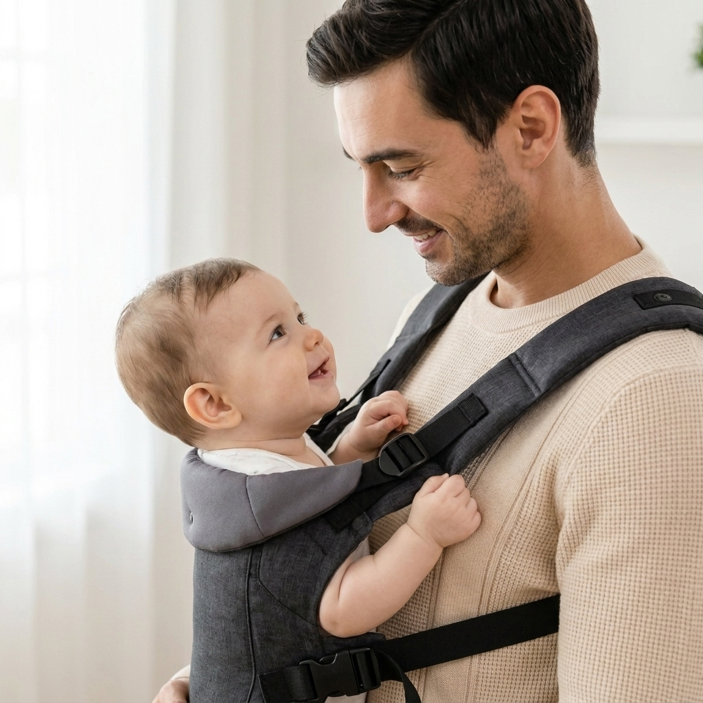 Vater schaut liebevoll auf Baby im SMOVO Hug 
Träger – enge Bindung zwischen Vater und Kind