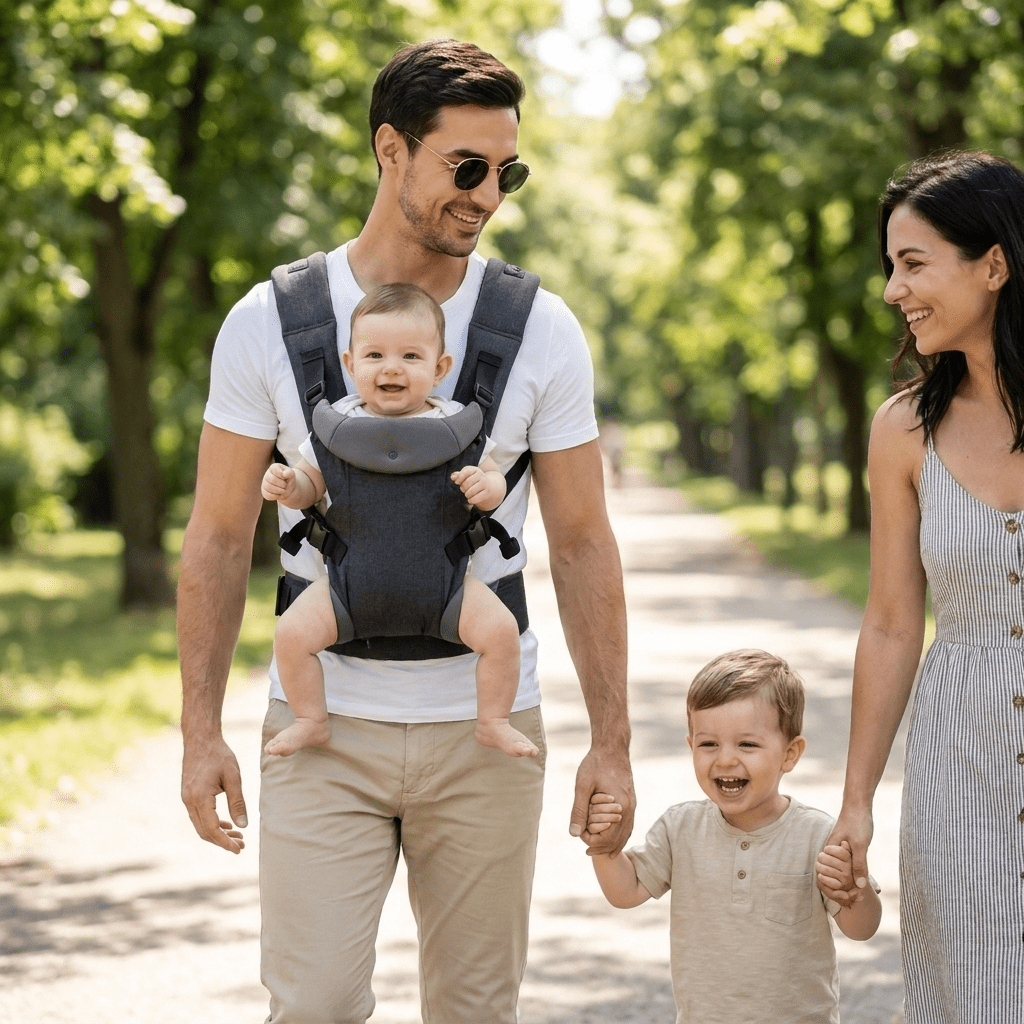 Familie im Park – Vater trägt Baby im SMOVO Hug, 
Mutter und älterer Bruder laufen daneben