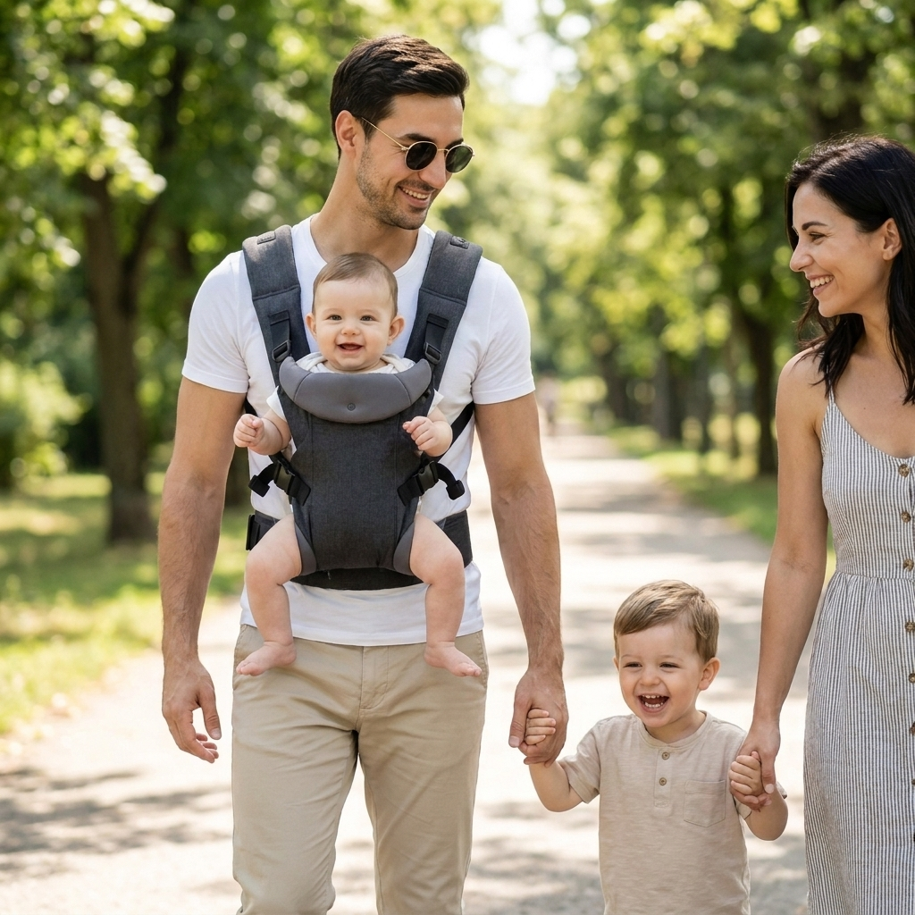 Familie im Park – Vater trägt Baby im SMOVO Hug, 
Mutter und älterer Bruder laufen daneben