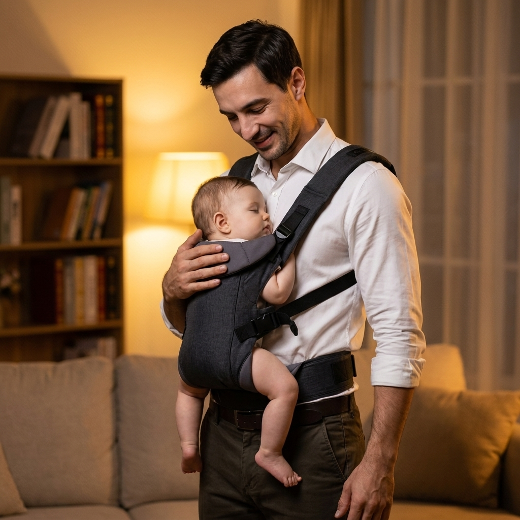 Vater im Hemd mit schlafendem Baby im SMOVO Hug 
Träger – warmes Abendlicht, emotionaler Familienmoment