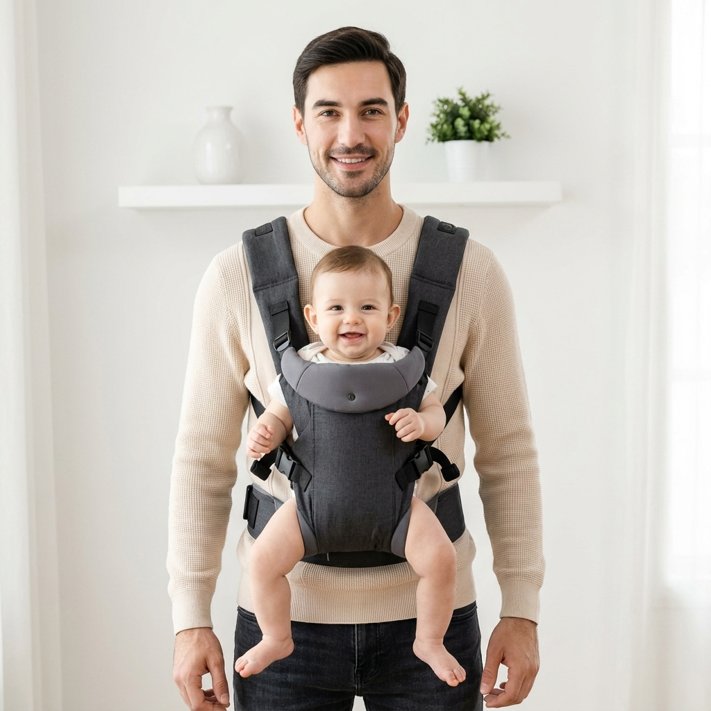 SMOVO Hug Babytrage – Vater mit Baby in dunkelgrauer 
strukturierter Trage, helles minimalistisches Zimmer