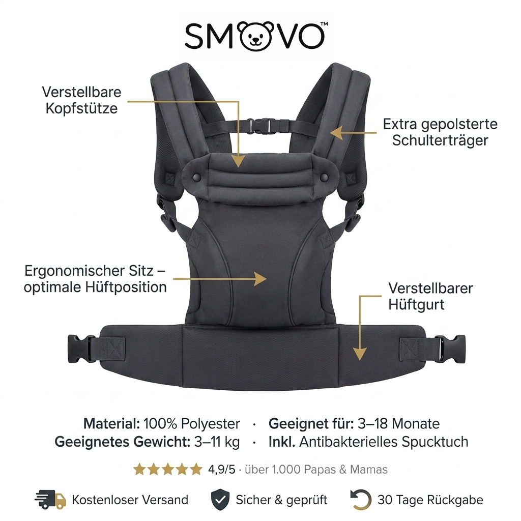 SMOVO Hug Babytrage Infografik – Maße, 4 Trageweisen, 
ergonomischer Sitz und alle Features auf einen Blick