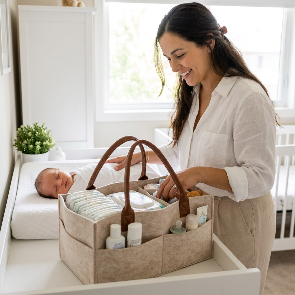 SMOVO Nest Wickel Organizer – Mutter am Wickeltisch 
mit schlafendem Baby, beiger Filz Caddy groß im Vordergrund