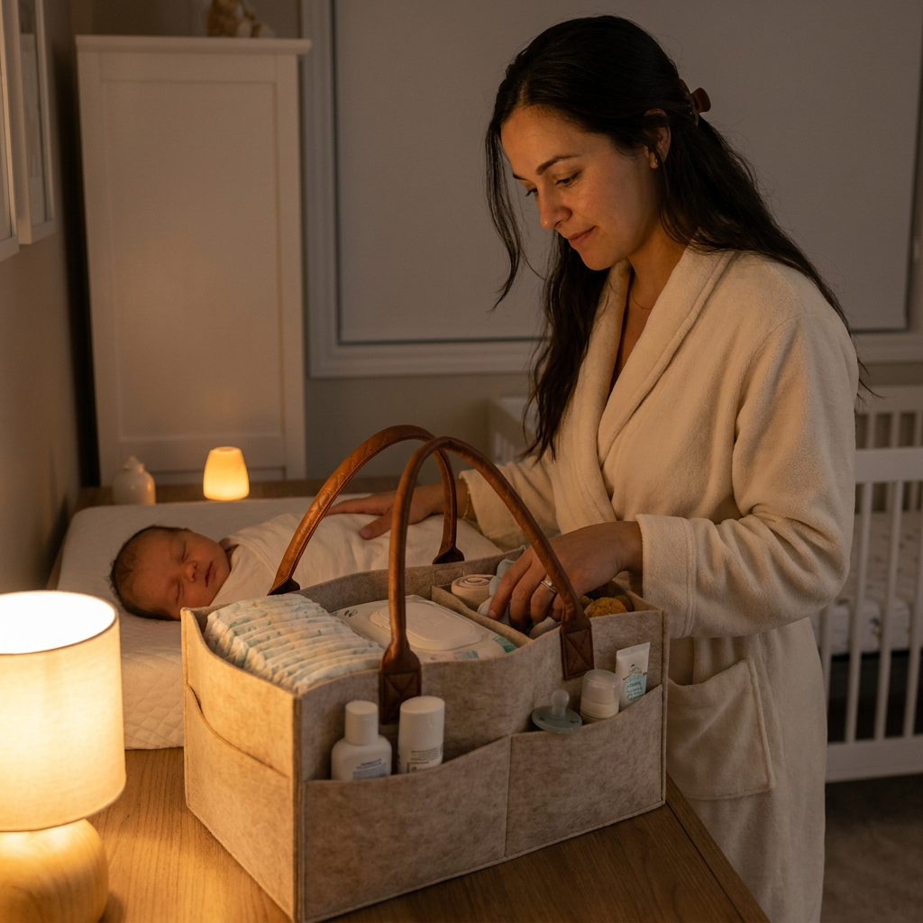 Mutter im Bademantel nachts am Wickeltisch – 
SMOVO Nest Caddy mit allen Baby Essentials griffbereit