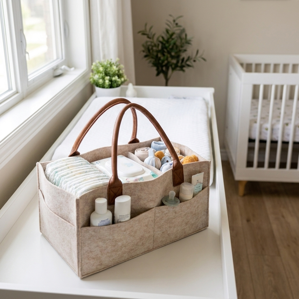 SMOVO Nest Wickel Organizer im skandinavischen 
Kinderzimmer – Premium Filz und PU-Leder Griffe in Cognac