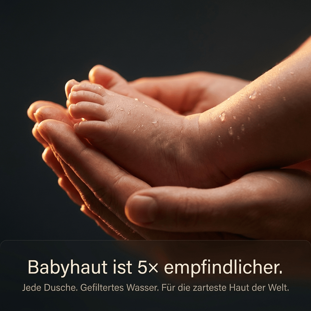 Zarter Babyfuß in liebevollen Händen mit Wassertropfen – SMOVO Pure filtert Kalk und Chlor für sanftes Wasser auf empfindlicher Babyhaut
