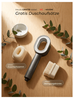 SMOVO Pure Duschkopf mit gratis Zubehör – Reinigungsschwamm und Gesichtsbürste auf Eichenholz, Eukalyptus
