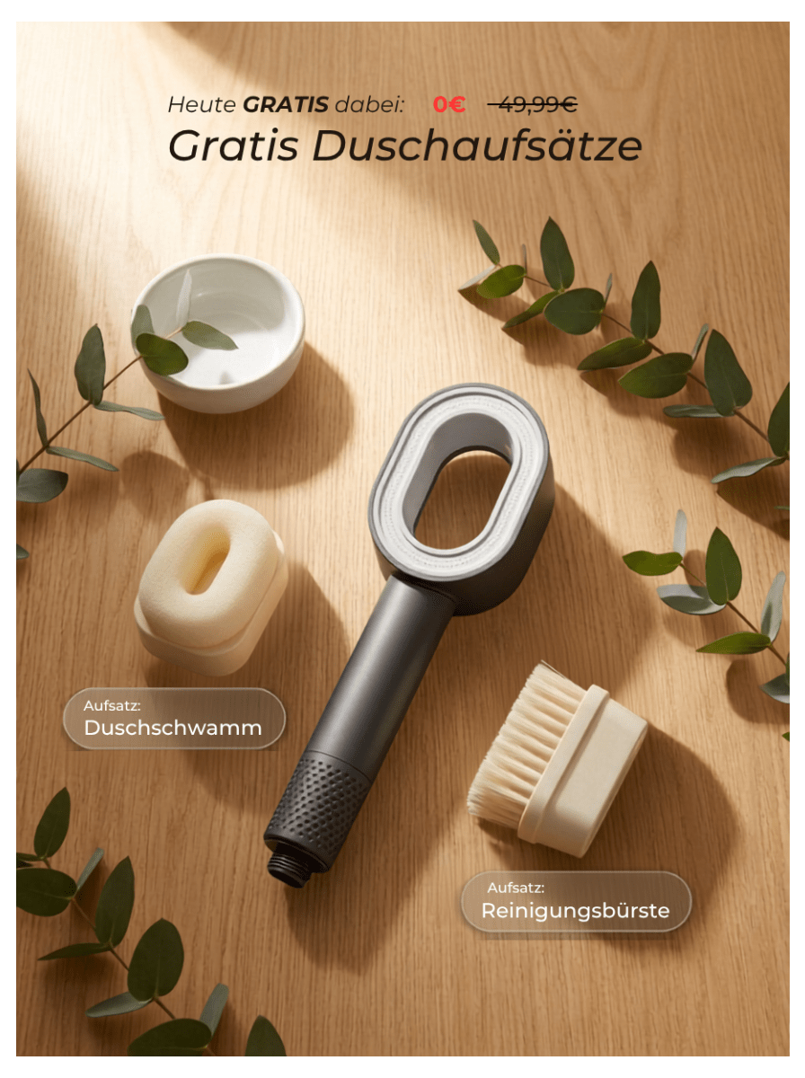 SMOVO Pure Duschkopf mit gratis Zubehör – Reinigungsschwamm und Gesichtsbürste auf Eichenholz, Eukalyptus