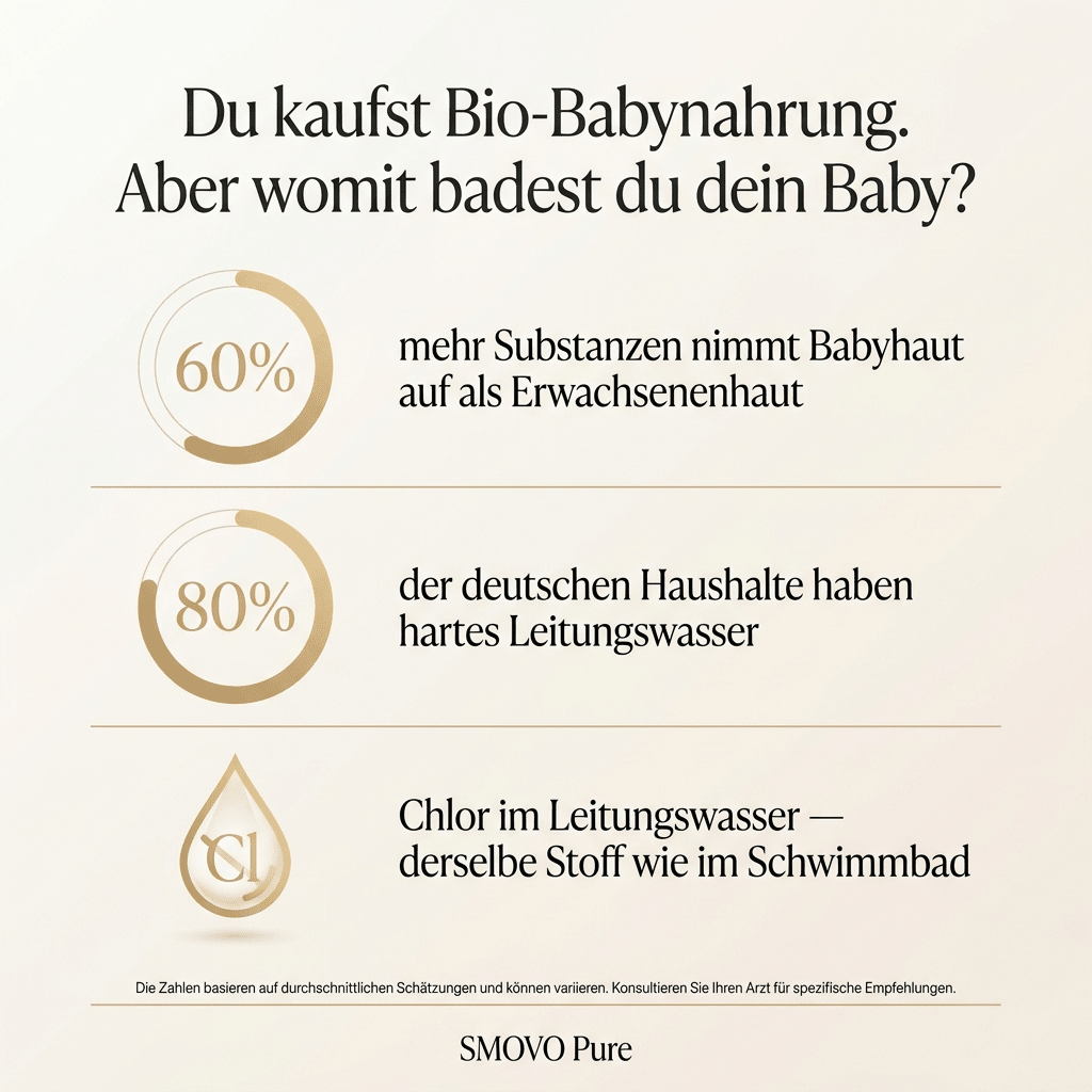 Du kaufst Bio-Babynahrung – aber womit badest du dein Baby? Infografik über Kalk, Chlor und Schwermetalle im ungefilterten Leitungswasser und warum der SMOVO Pure Duschkopf schützt