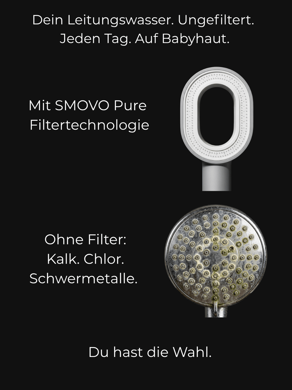 Vergleich: SMOVO Pure Duschkopf mit Aktivkohlefilter (sauber) vs. Standard-Duschkopf ohne Filter (verkalkt) – dasselbe Leitungswasser, 6 Monate