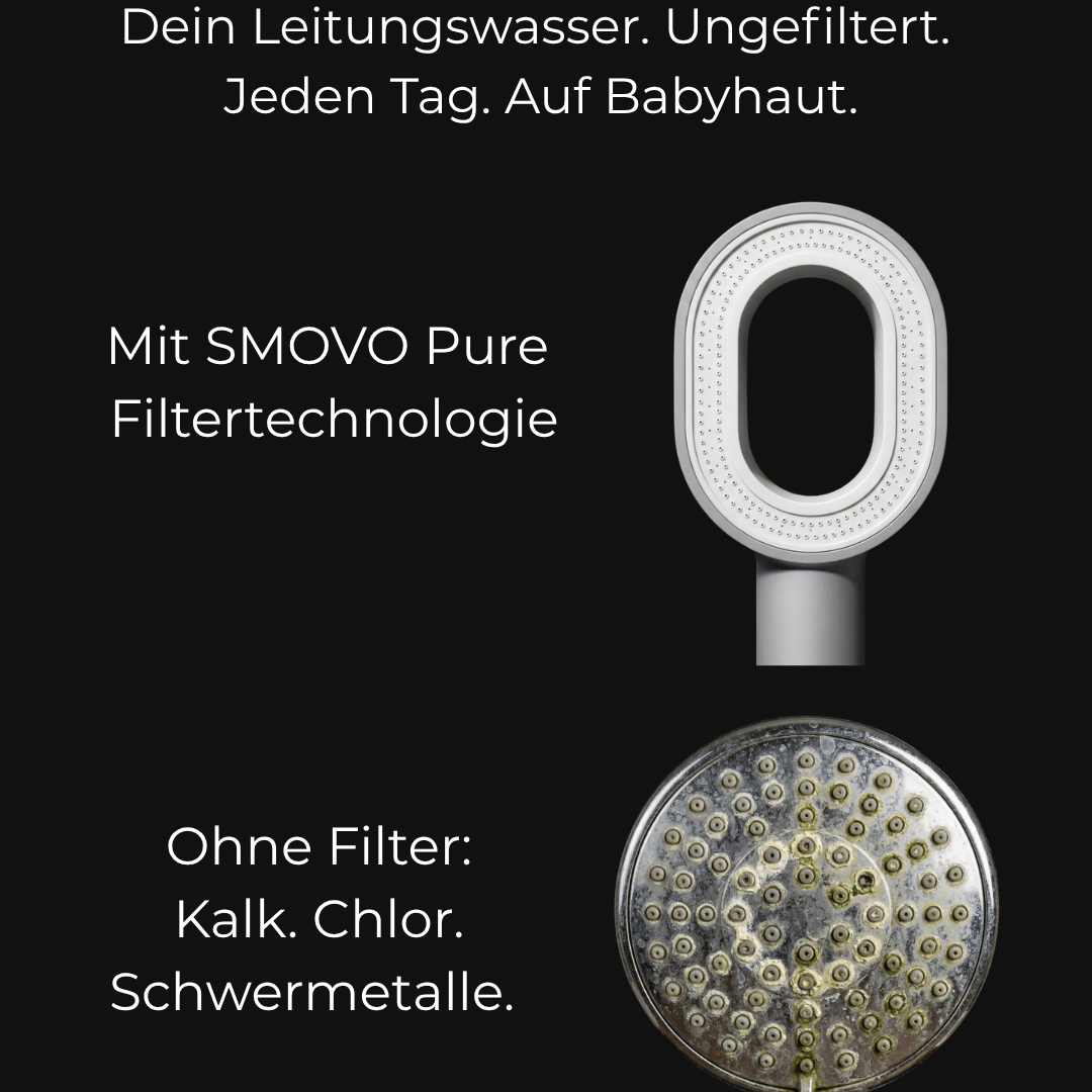 Vergleich: SMOVO Pure Duschkopf mit Aktivkohlefilter (sauber) vs. Standard-Duschkopf ohne Filter (verkalkt) – dasselbe Leitungswasser, 6 Monate