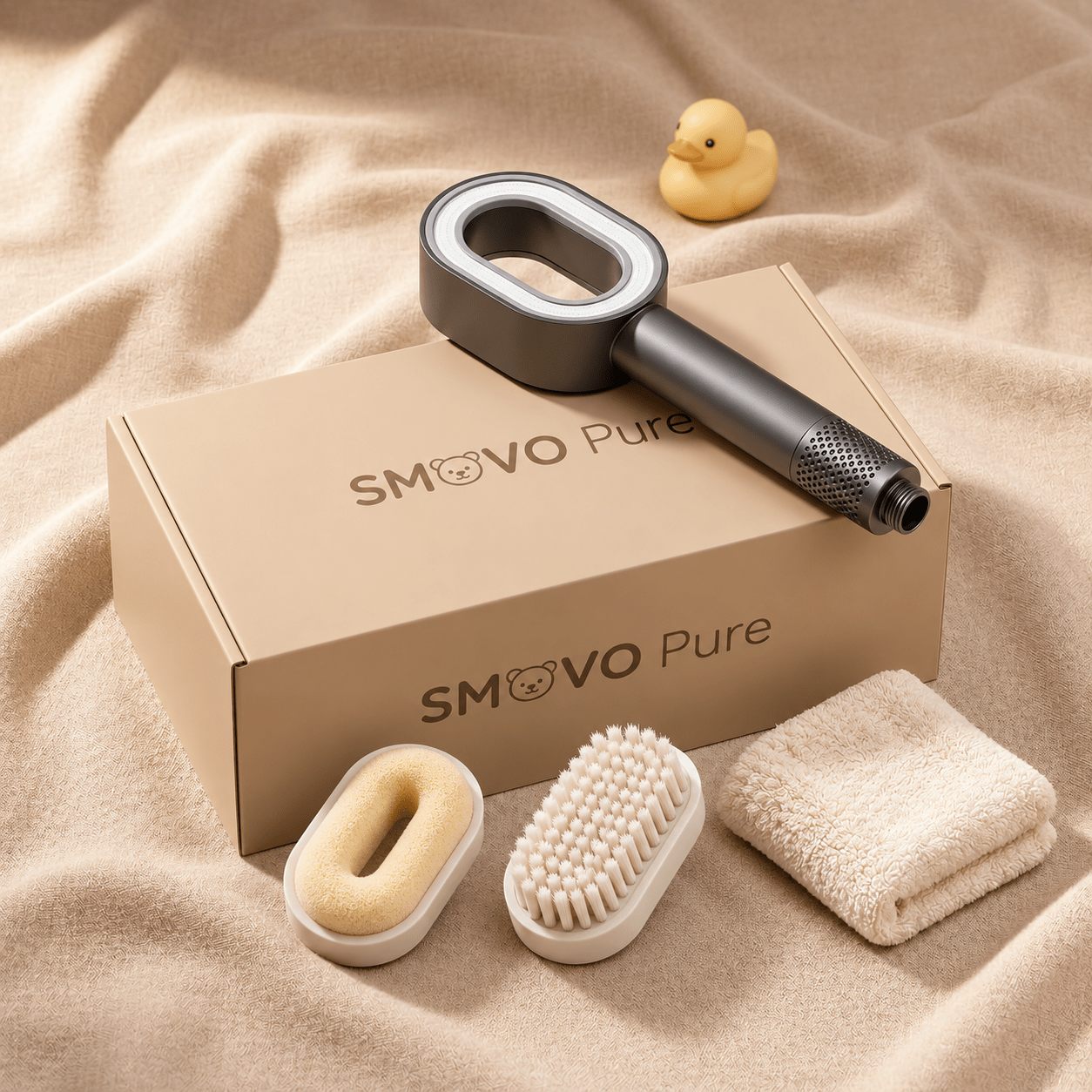 SMOVO Pure Verpackung mit Bären-Logo, Quietscheente und natürlichen Materialien – das perfekte Baby-Geschenkset