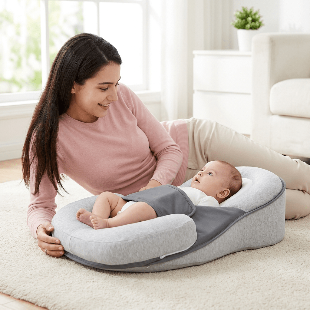 Mutter legt Baby nach dem Füttern auf SMOVO 
Sleep Liegekeil – leere Flasche in der Hand, 
15 Grad Anti-Spuck Neigung