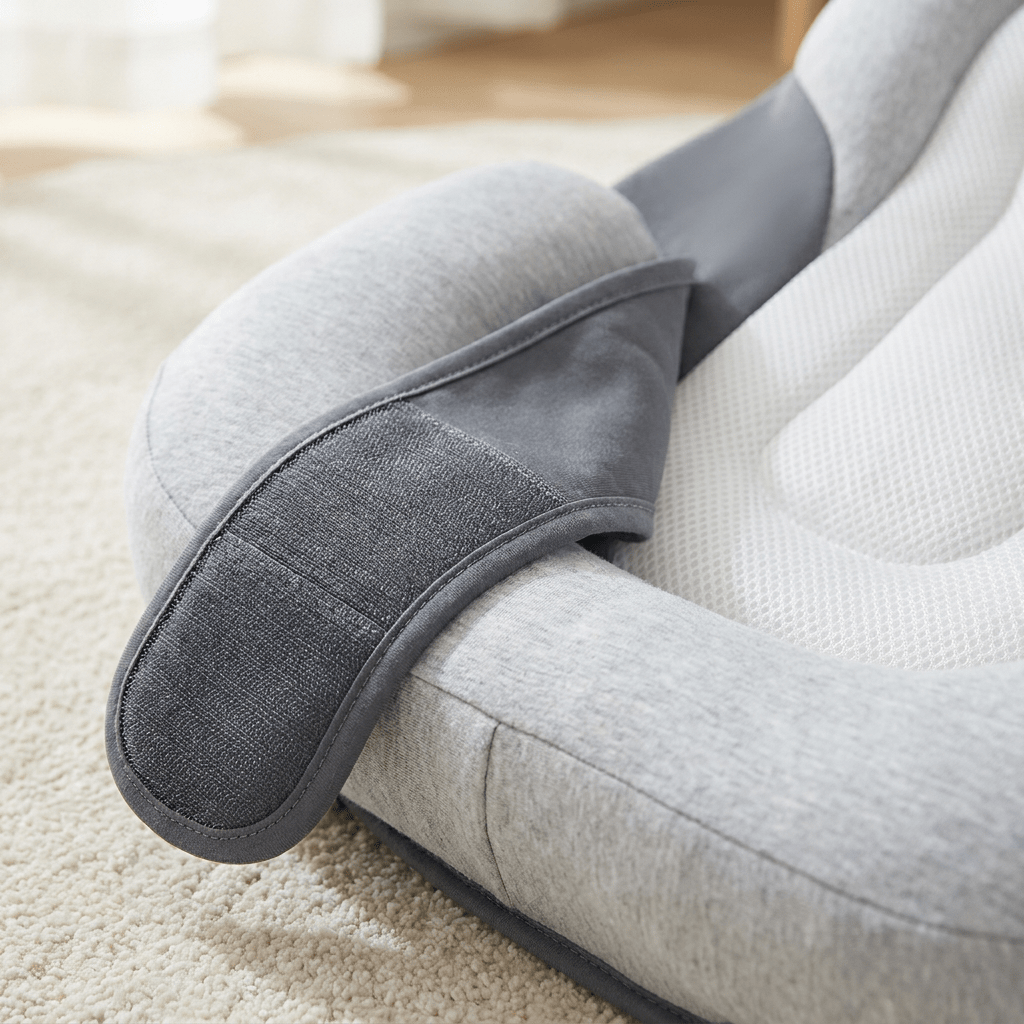 SMOVO Sleep Liegekeil Detail – Modal Stoff 
Textur, 3D Mousse Polsterung und Klettverschluss 
Bauchgurt im Close-up