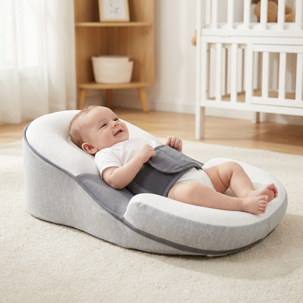 SMOVO Sleep Baby Liegekeil – Mutter sitzt neben 
Baby das entspannt im grauen Lounger liegt, 
helles skandinavisches Wohnzimmer