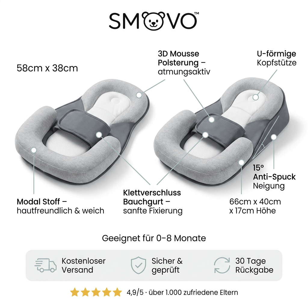 SMOVO Sleep Liegekeil Infografik – Maße 
58x38cm und 66x40x17cm, 15 Grad Anti-Spuck 
Neigung, alle Features auf einen Blick
