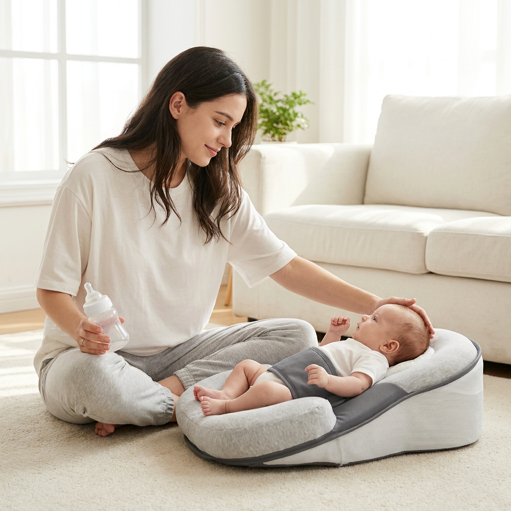 Mutter lächelt Baby an das im SMOVO Sleep 
Liegekeil liegt – warmer emotionaler Moment, 
helles Wohnzimmer
